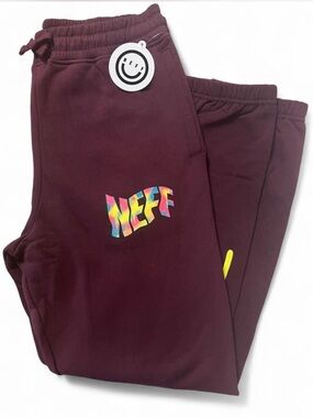 NWT Neff Men's Burgundy Jogger Sweatpants Colorful Tie Dye Rainbow Logo Size S